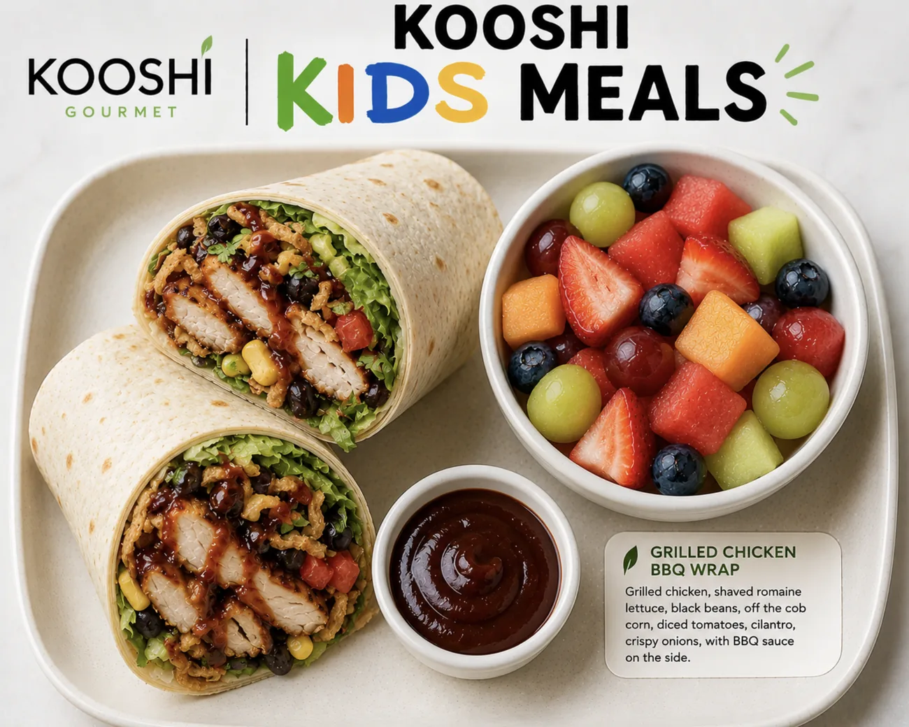 Grilled chicken BBQ wrap with fruit salad and BBQ sauce