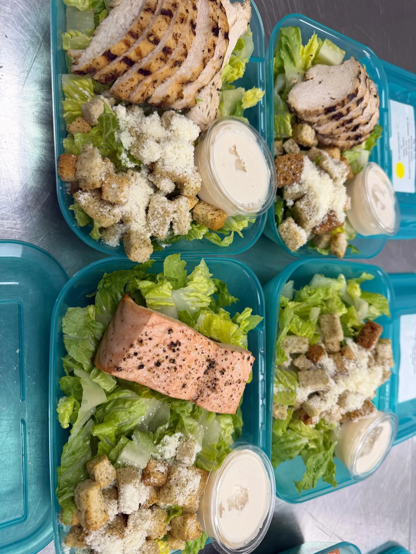 Caesar salads with grilled chicken and salmon