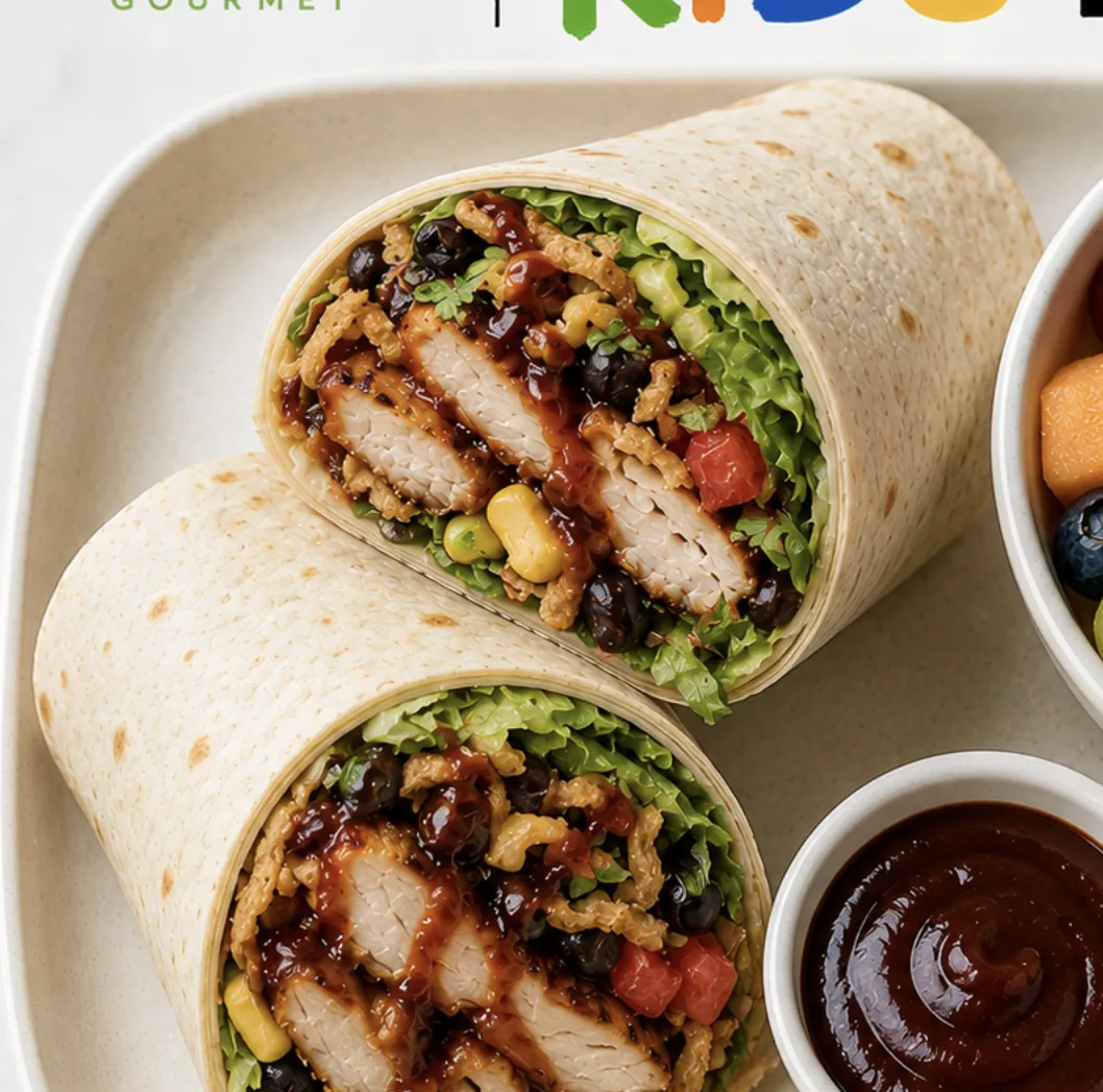 Grilled chicken BBQ wrap with fruit salad