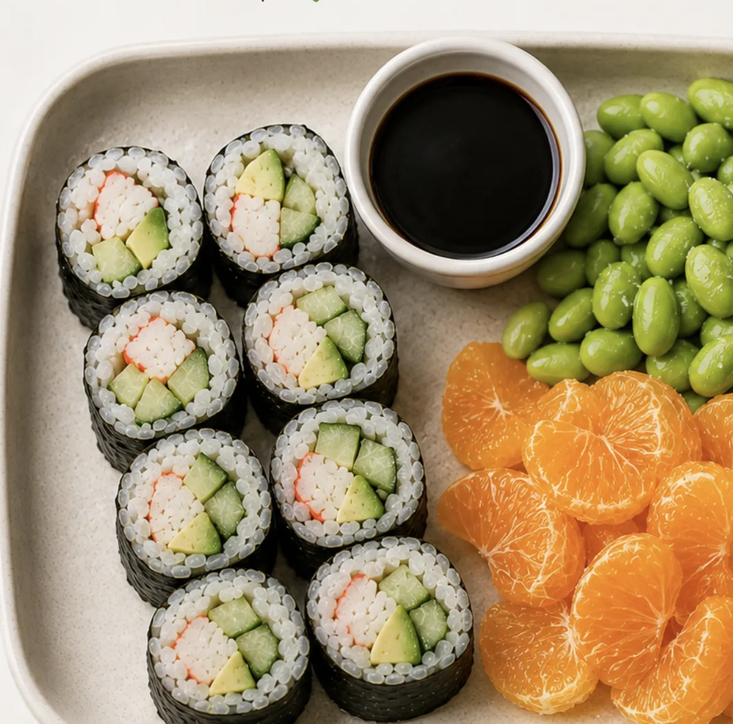 California roll bento with edamame and mandarins