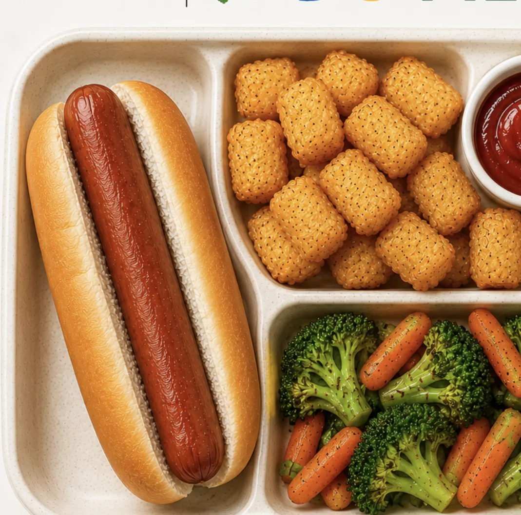 Kosher beef hot dog tray with tater tots