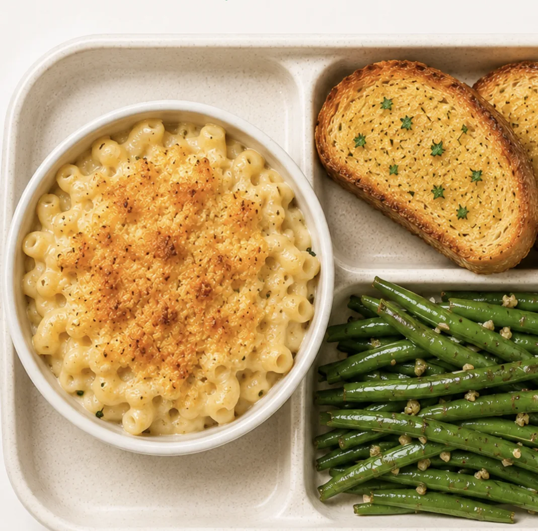 Baked mac and three cheese tray