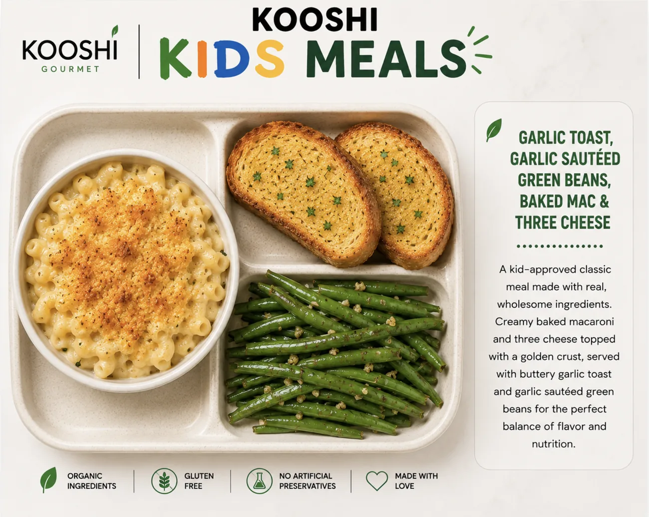 Baked mac and three cheese with garlic toast and garlic green beans