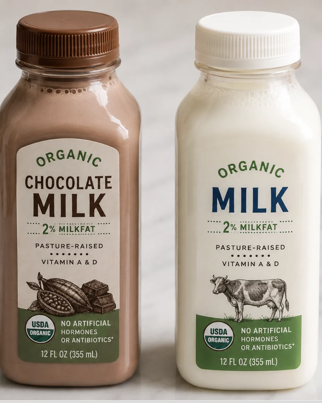 Organic 2 percent milk and chocolate milk bottles